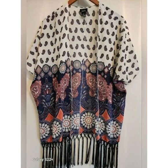 Rue21 Tops - C25 Rue21 Navy, Coral & Cream Paisley & Butterfly Open Front Kimono- Fringed